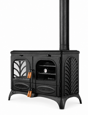 FRS-066 Fire Stove Palmiye Döküm Kuzineli Soba: 3 Katlı Fırın, Yan Cam, 15kW Çift Yanmalı