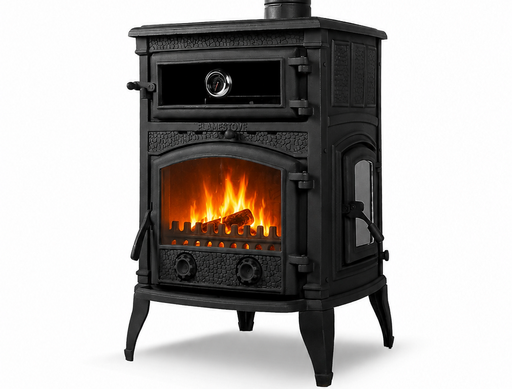 FRS-011YK Fire Stove Yan Kapaklı Fırınlı Camlı Döküm Soba Yüksek Verimli Odun Kömür sobası