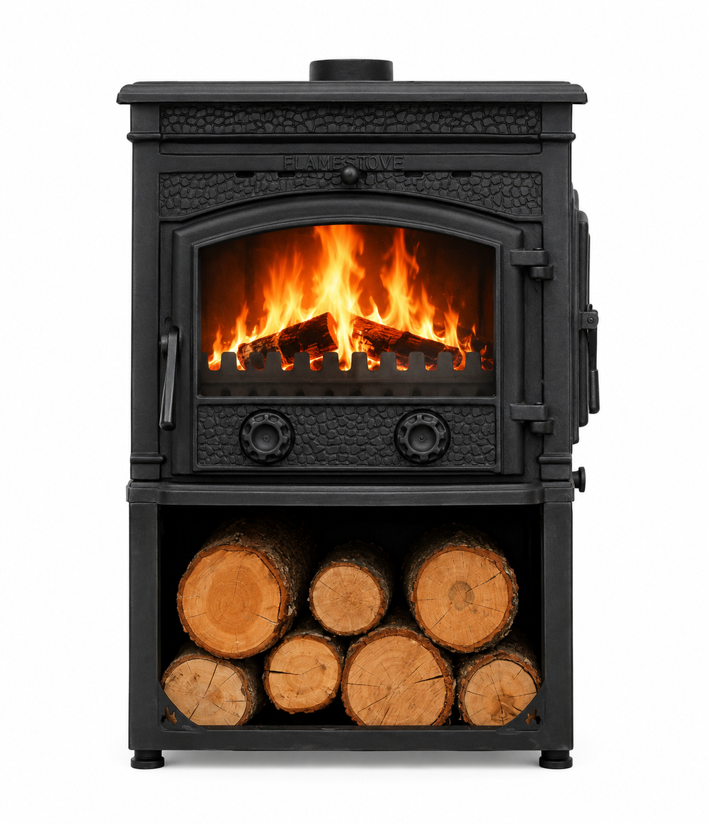 FRS-016YKST Fire Stove Sirius Star Yüksek Verimli Döküm Soba Yan Kapaklı Odunluklu, Schott-Robax Camlı, Odun Kömür