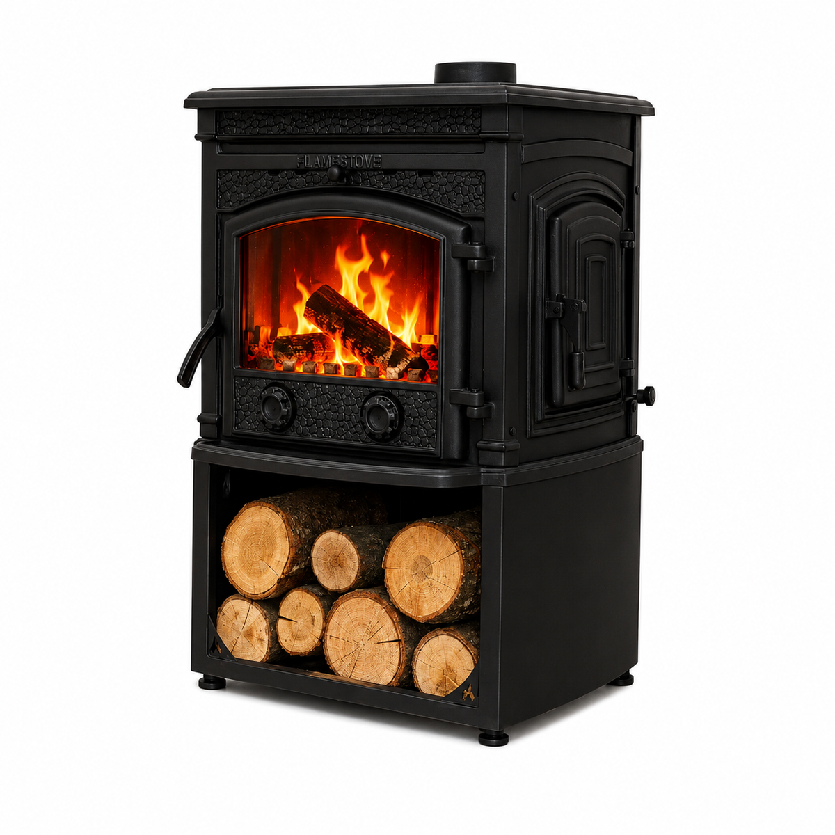 FRS-016YKST Fire Stove Sirius Star Yüksek Verimli Döküm Soba Yan Kapaklı Odunluklu, Schott-Robax Camlı, Odun Kömür