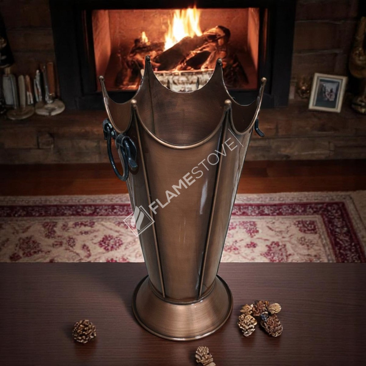 FRS-8192 Fire Stove Paslanmaz Bakır Odunluk, Şık ve Dayanıklı Şömine Odun Kovası, İç/Dış Mekan