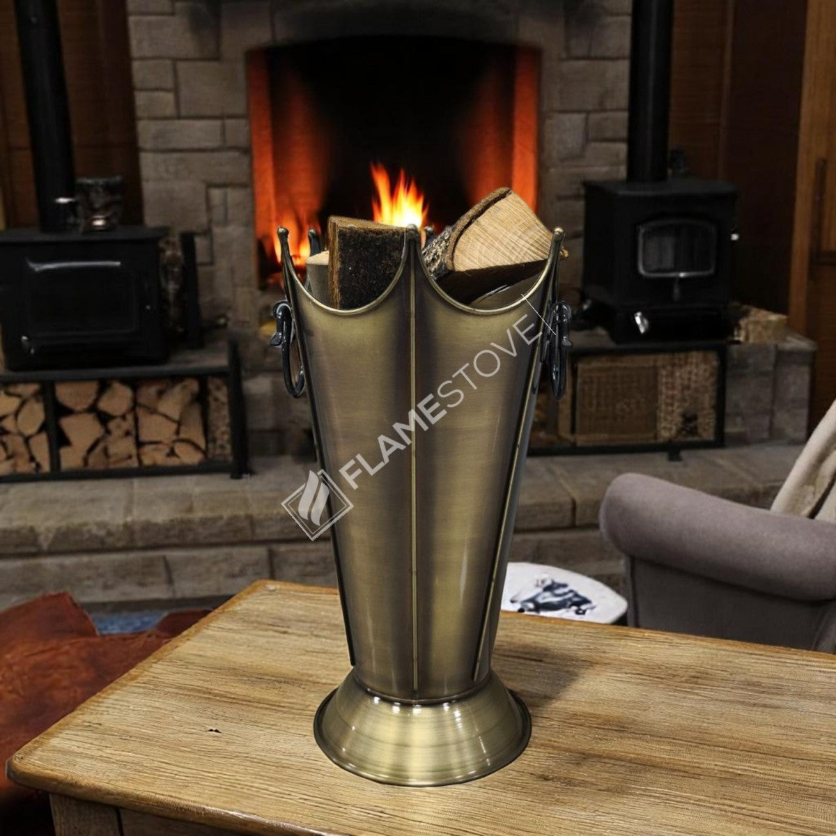 FRS-8192 Fire Stove Lüks Gold Odunluk: İç/Dış Mekan, Yüksek Kaliteli Döküm Şömine Odun Kovası