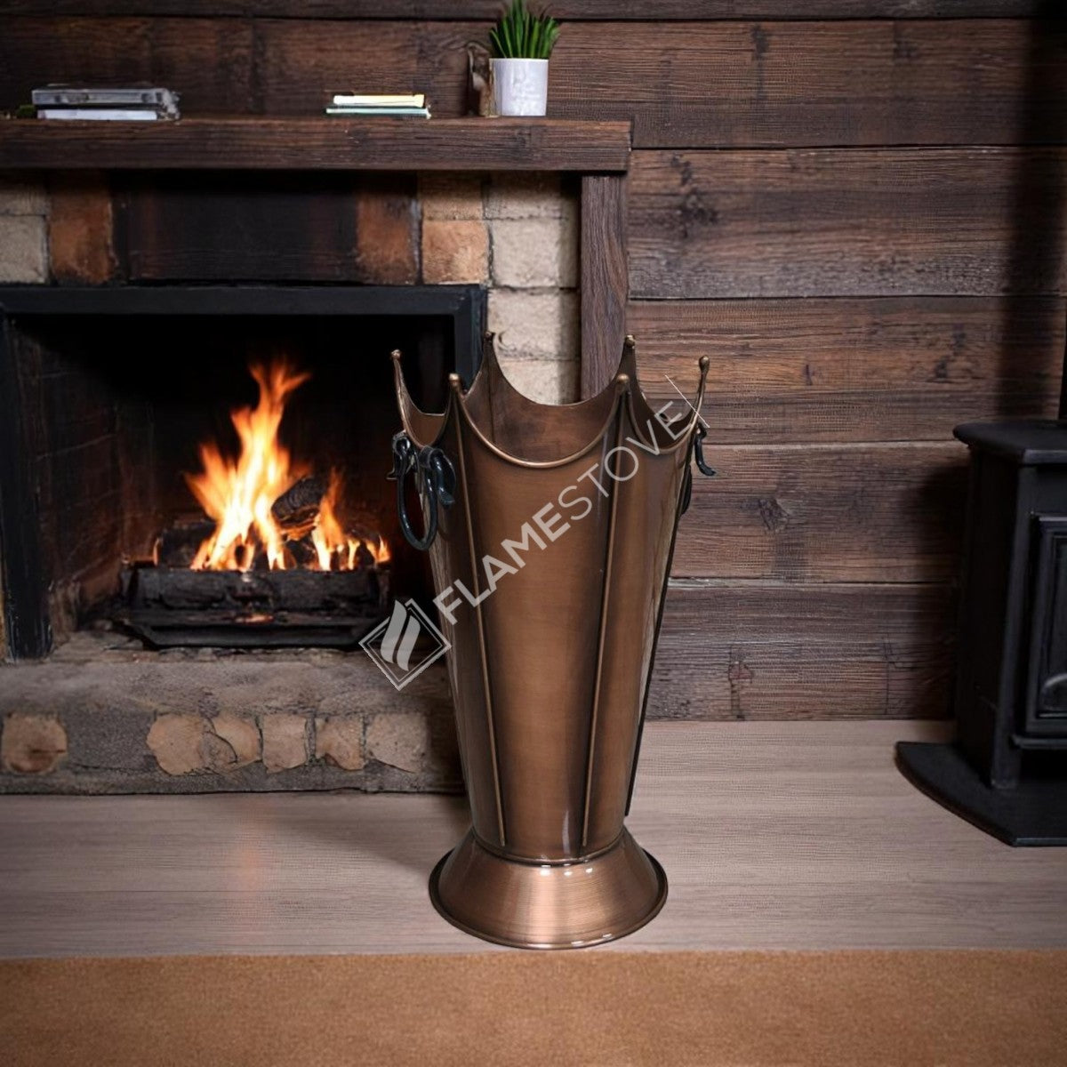 FRS-8192 Fire Stove Paslanmaz Bakır Odunluk, Şık ve Dayanıklı Şömine Odun Kovası, İç/Dış Mekan