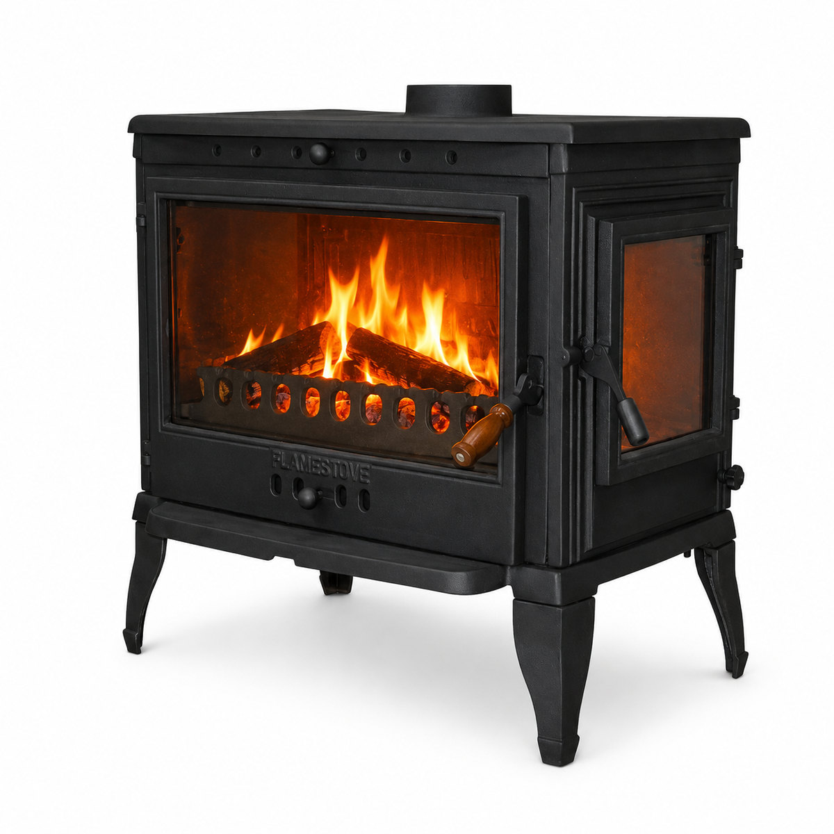 FRS-042YK Fire Stove Retro Lux Yan Kapaklı 3 Camlı Döküm Soba, Odun Kömür Sobası