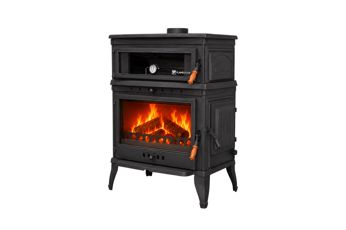 FRS-044YK Fire Stove Retro Fırınlı Döküm Soba, Odun Kömür Sobası, Termostatlı, 13 kW