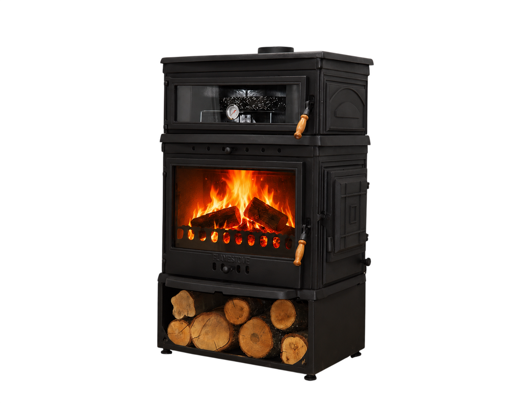 FRS-044YKST Fire Stove Retro Dik Fırınlı Odun Sobası, Yan Kapaklı, Çift Yanmalı, Schott Robax Camlı, 13 kW