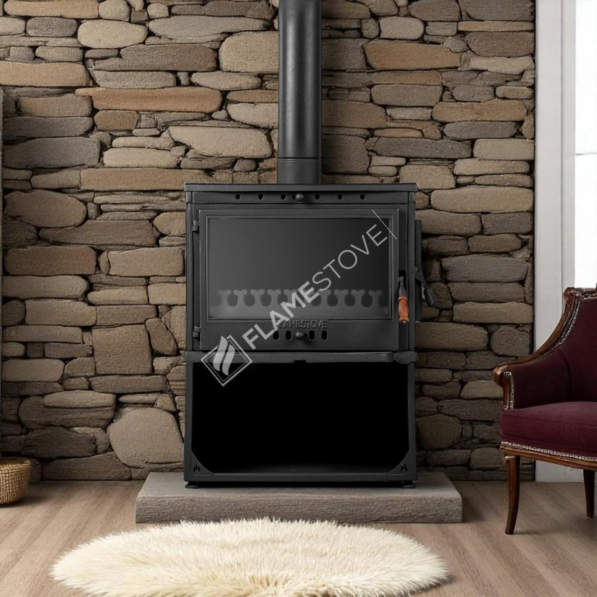 Retro Lux YK Stil Döküm Soba, Yan Kapaklı, Odunluklu, 3 Camlı, 10 kW