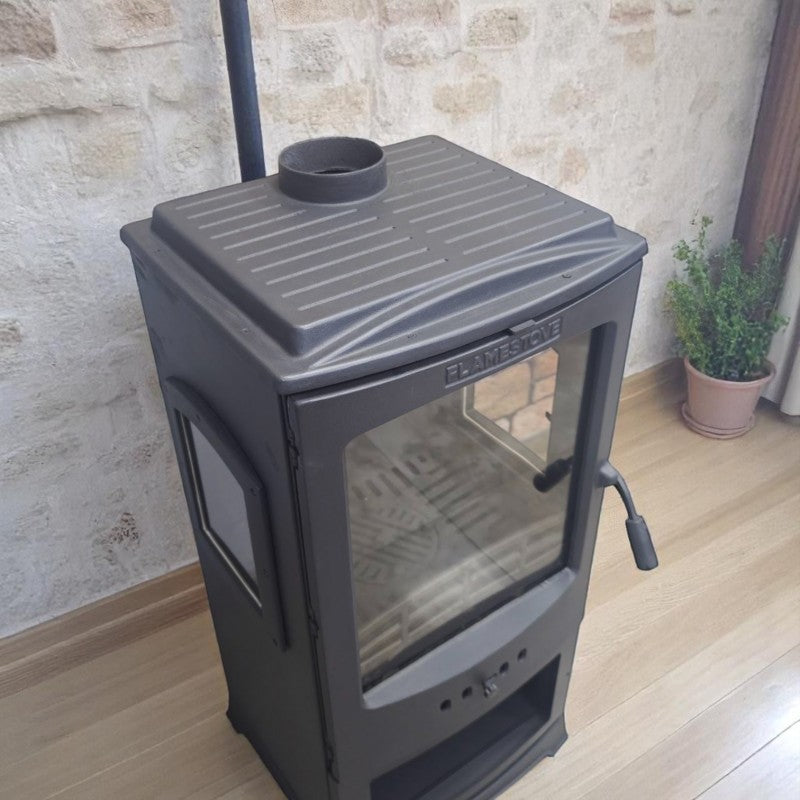 Fire Stove Lodi A++ Çift Yanmalı Çelik Emaye Soba, Döküm İç Hazneli Odunluklu, 5 kW