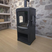 Fire Stove Lodi A++ Çift Yanmalı Çelik Emaye Soba, Döküm İç Hazneli Odunluklu, 5 kW