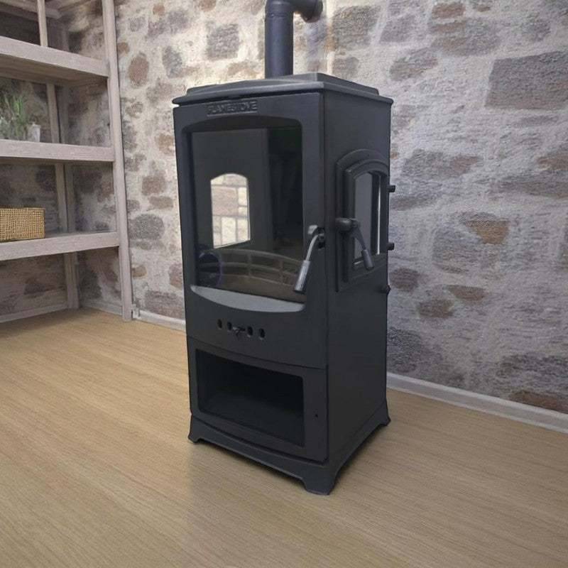 Fire Stove Lodi A++ Çift Yanmalı Çelik Emaye Soba, Döküm İç Hazneli Odunluklu, 5 kW
