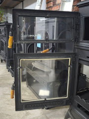 Modena Lüks Oven 3 camlı kuzineli Alttan küllüklü Döküm Soba, şık ve verimli tasarım, Fire Stove markası.