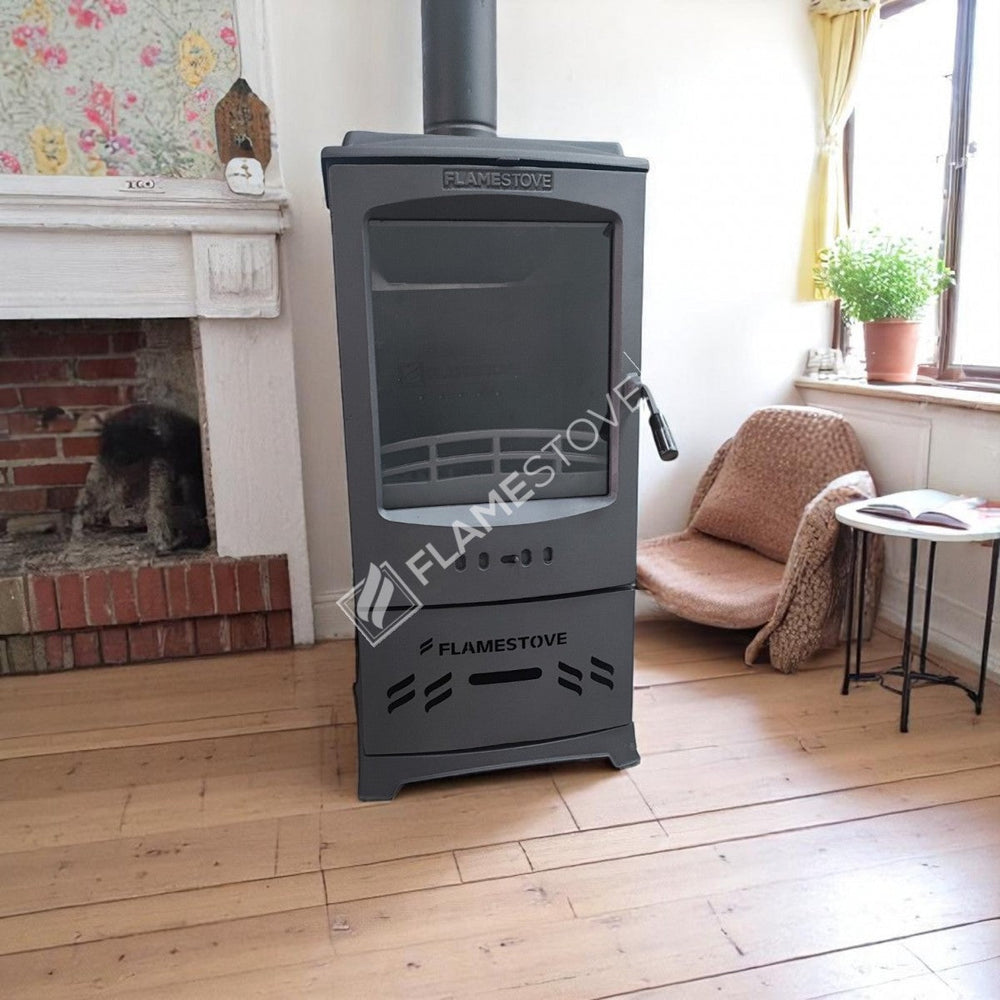 Fire Stove Lodi A++ Çift Yanmalı Çelik Emaye Soba, Döküm İç Hazneli Odunluklu, 5 kW