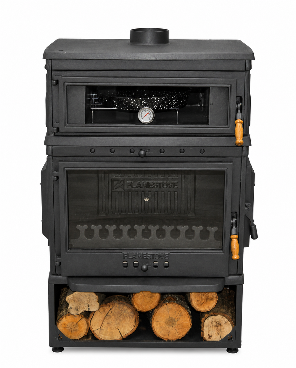 FRS-044YKST Fire Stove Retro Dik Fırınlı Odun Sobası, Yan Kapaklı, Çift Yanmalı, Schott Robax Camlı, 13 kW