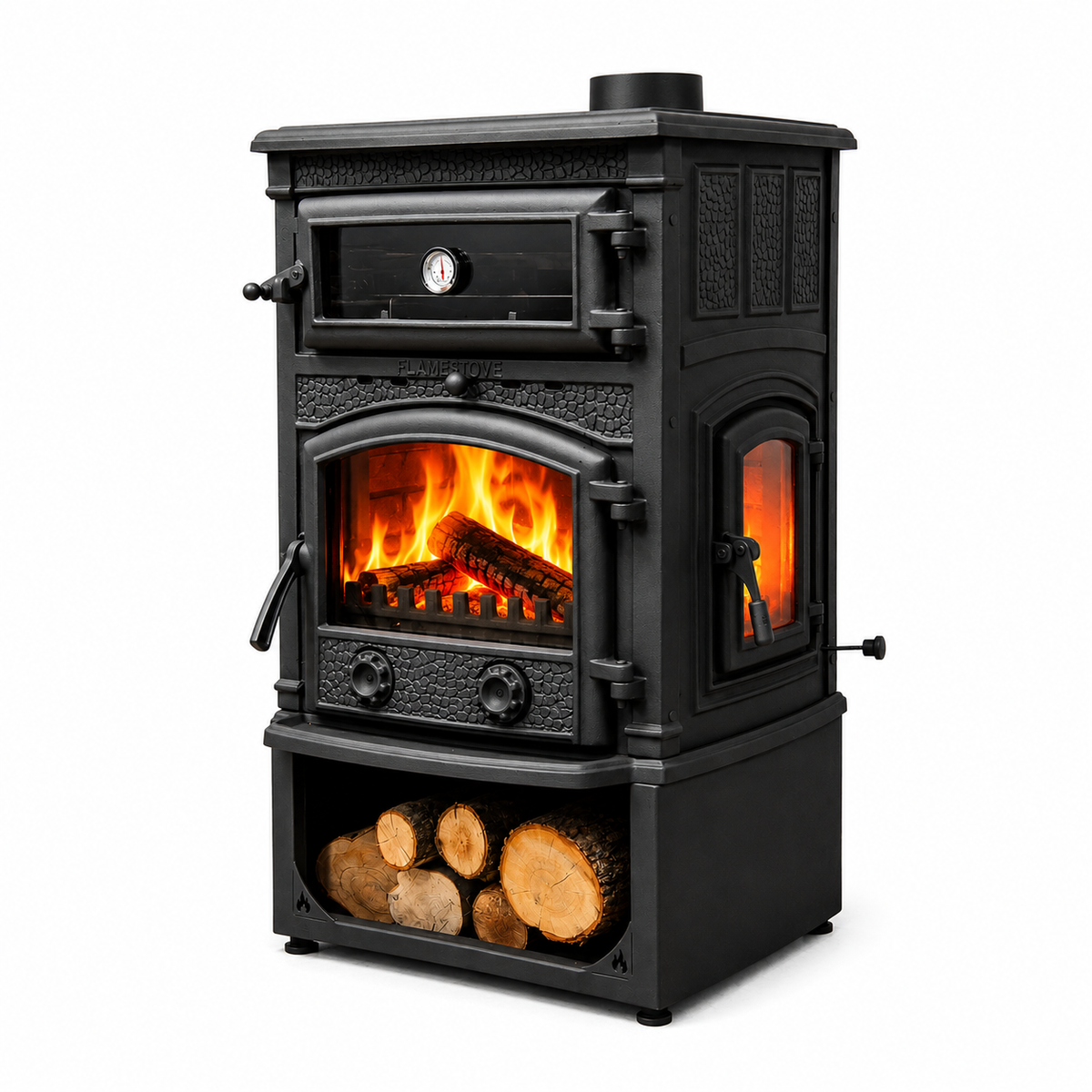 FRS-011YKST Sirius Maxi Style YK Odunluklu Fırınlı 4 Camlı Döküm Soba | Yüksek Verimli Odun & Kömür Sobası, Schott Robax Camlı, Çift Yanmalı, 18.21 kW