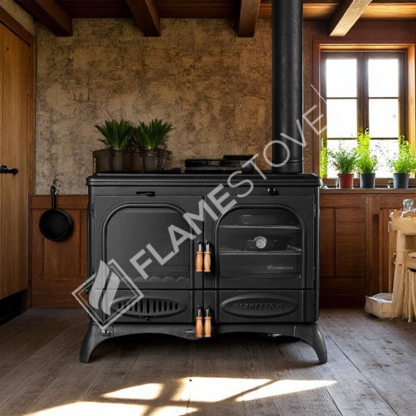 Palmiye Döküm Kuzineli Soba: 3 Katlı Fırın, Yan Cam, 15kW Çift Yanmalı