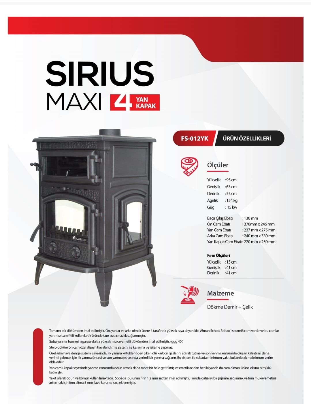 FRS-012YK Fire Stove Sirius Maxi Fırınlı Döküm Odun Kömür Sobası Yüksek Verimli