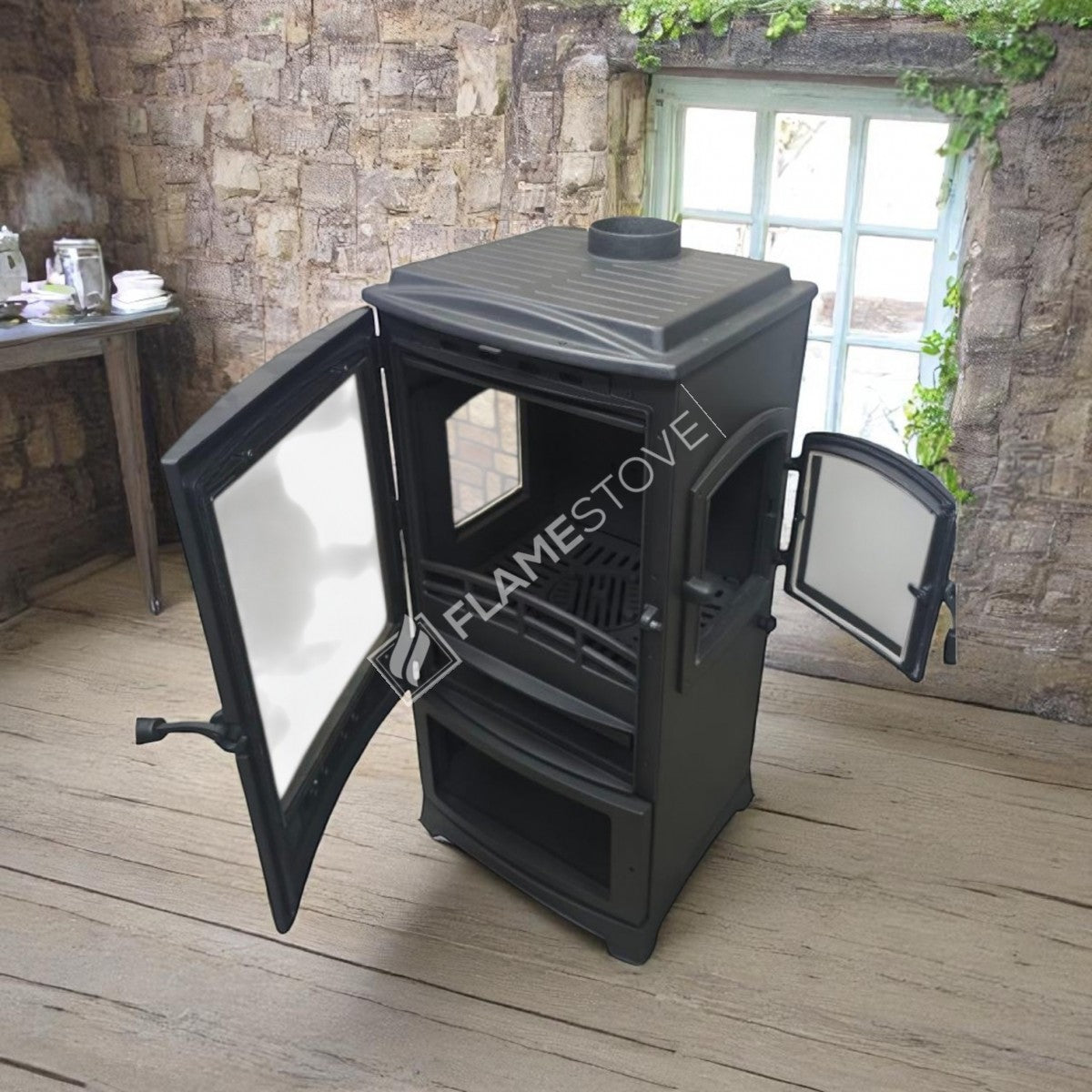 Fire Stove Lodi Yan Camlı Çift Yanmalı A Sınıfı Odunluklu Çelik Şömine Soba