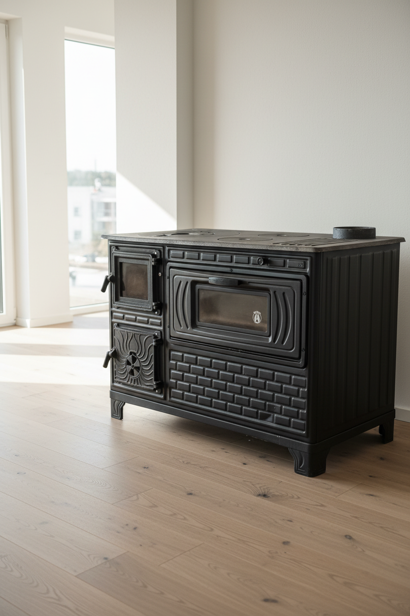 FIRE STOVE FRS-329 Mat Siyah 47'lik Döküm Tuğlaı Kuzine Soba | Emaye | Geniş Kuzine
