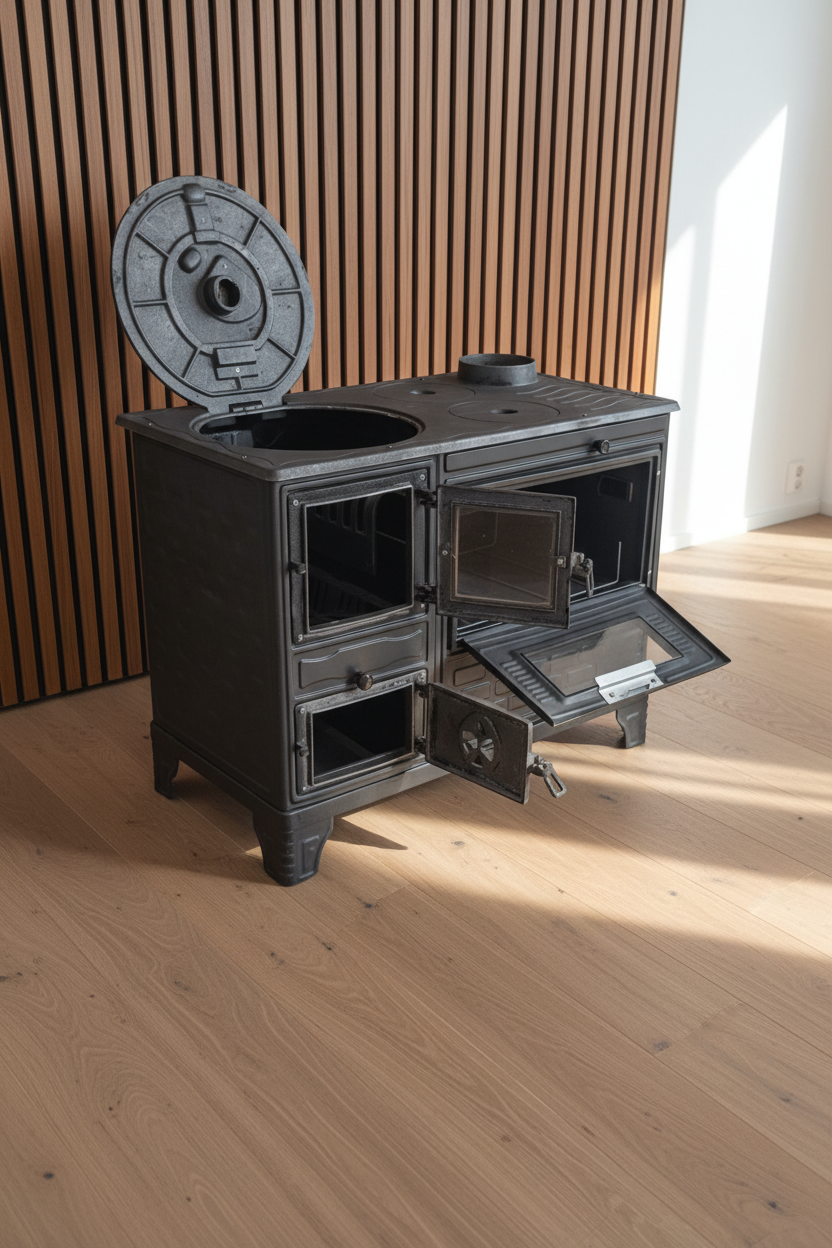 FIRE STOVE FRS-329 Mat Siyah 47'lik Döküm Tuğlaı Kuzine Soba | Emaye | Geniş Kuzine