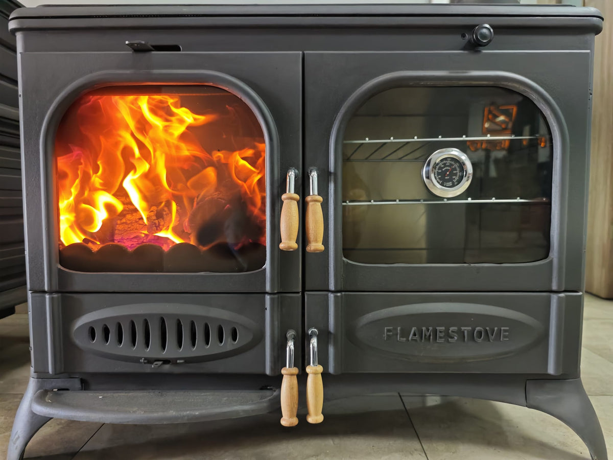 FRS-066 Fire Stove Palmiye Döküm Kuzineli Soba: 3 Katlı Fırın, Yan Cam, 15kW Çift Yanmalı