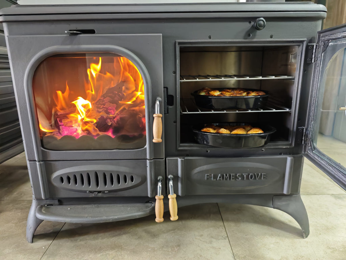 FRS-066 Fire Stove Palmiye Döküm Kuzineli Soba: 3 Katlı Fırın, Yan Cam, 15kW Çift Yanmalı