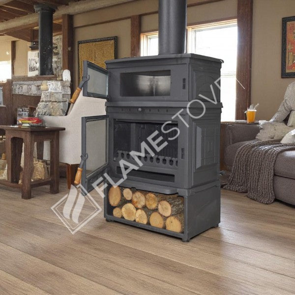 Retro Dik Style Fırınlı Odunluklu Döküm Soba: Çift Yanmalı, Termostatlı, 13 kW