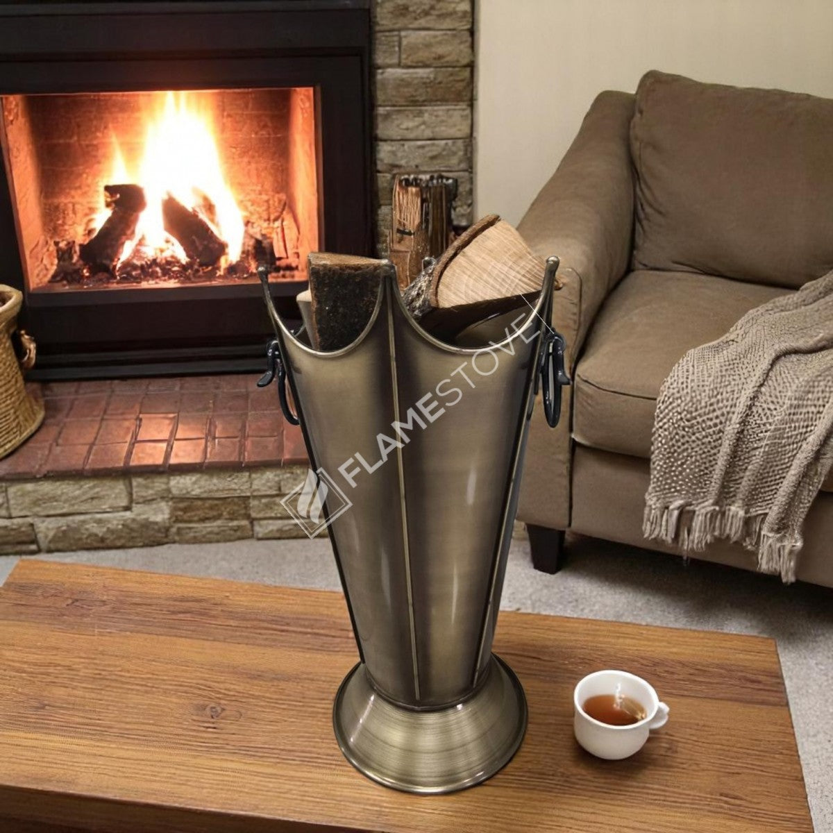 FRS-8192 Fire Stove Lüks Gold Odunluk: İç/Dış Mekan, Yüksek Kaliteli Döküm Şömine Odun Kovası