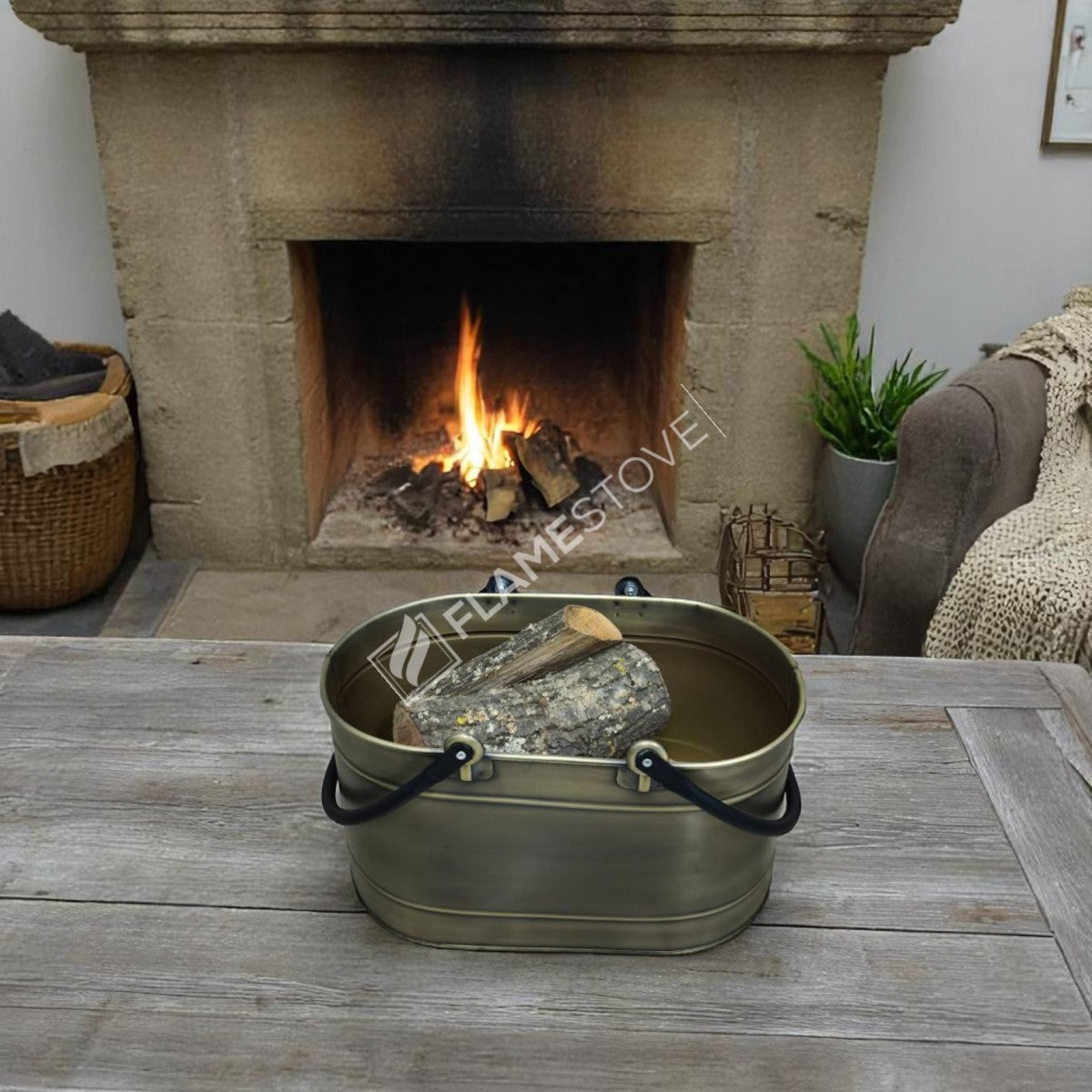 FRS-1343-DH-GOLD Fire Stove Çift Kulplu Gold Oval Odun Kovası
