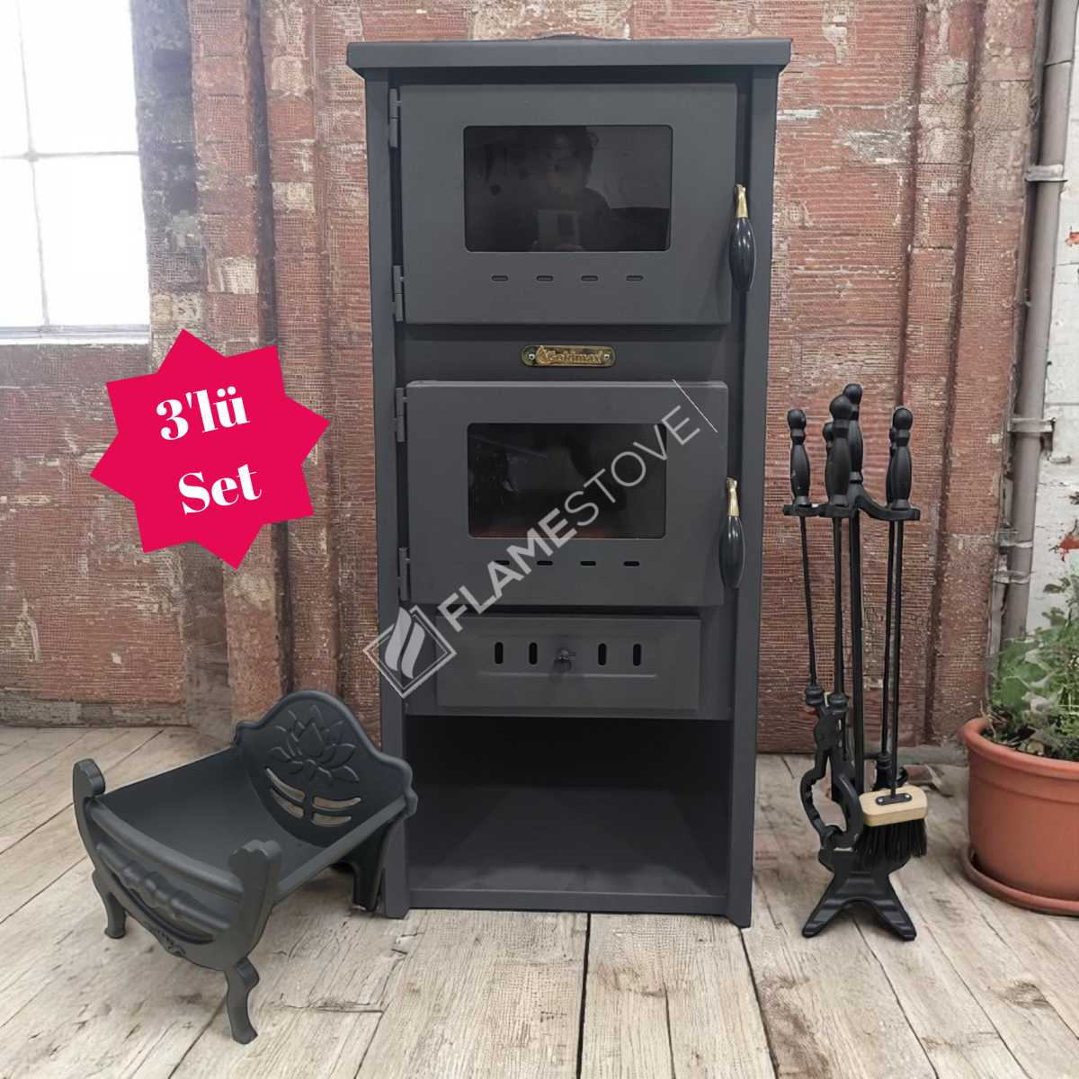 Üçlü Set Çelik Soba Ateş Tuğlalı Fırınlı Odunluklu Maşa Takımılı Set