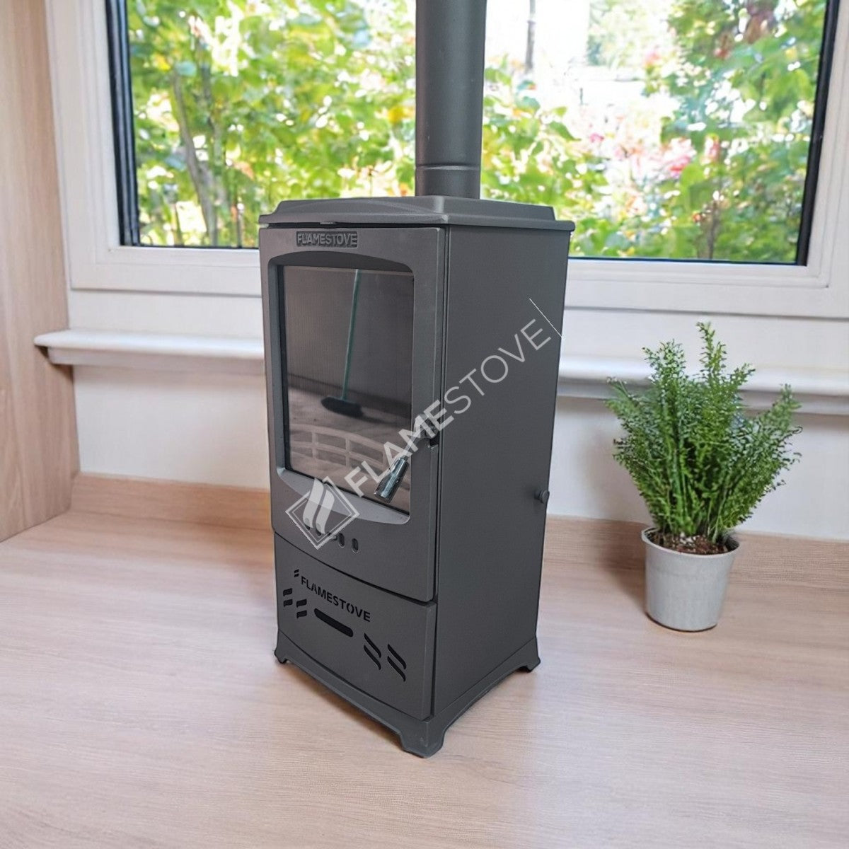 Fire Stove Lodi A++ Çift Yanmalı Çelik Emaye Soba, Döküm İç Hazneli Odunluklu, 5 kW