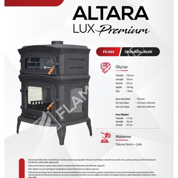 Altara Lux Premium Style Döküm Soba, 18 kW, Yüksek Verimli, Fırınlı, Çift Yanmalı