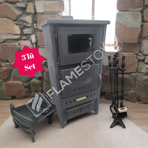 Fire Stove S3 Çelik Dış Yüzey Ateş Tuğlalı Fırınlı Soba, Maşa ve Odunluk