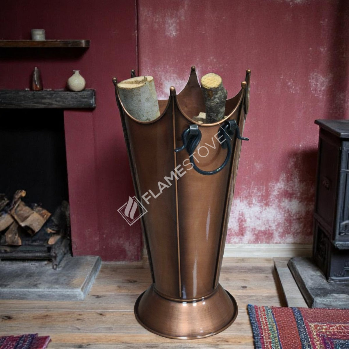FRS-8192 Fire Stove Paslanmaz Bakır Odunluk, Şık ve Dayanıklı Şömine Odun Kovası, İç/Dış Mekan
