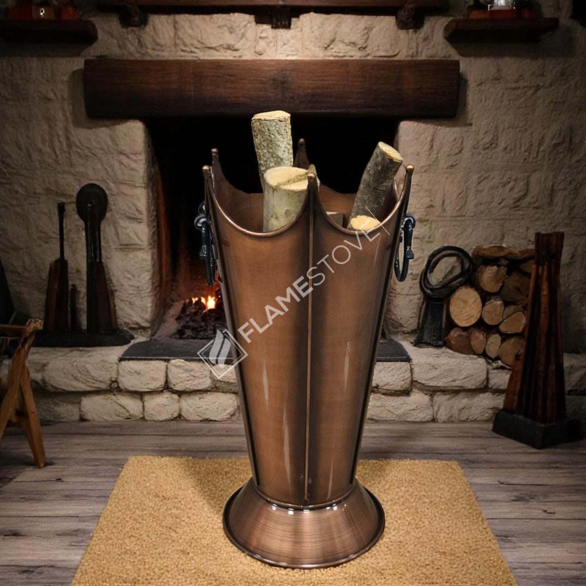 FRS-8192 Fire Stove Paslanmaz Bakır Odunluk, Şık ve Dayanıklı Şömine Odun Kovası, İç/Dış Mekan