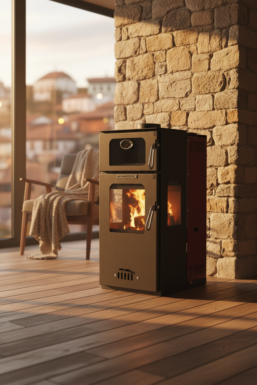 FRS-295 Mini Hybrid Lüx Gurme Çelik Soba | Fırınlı | 3 Camlı | Pelet ve Odun Yakıtlı