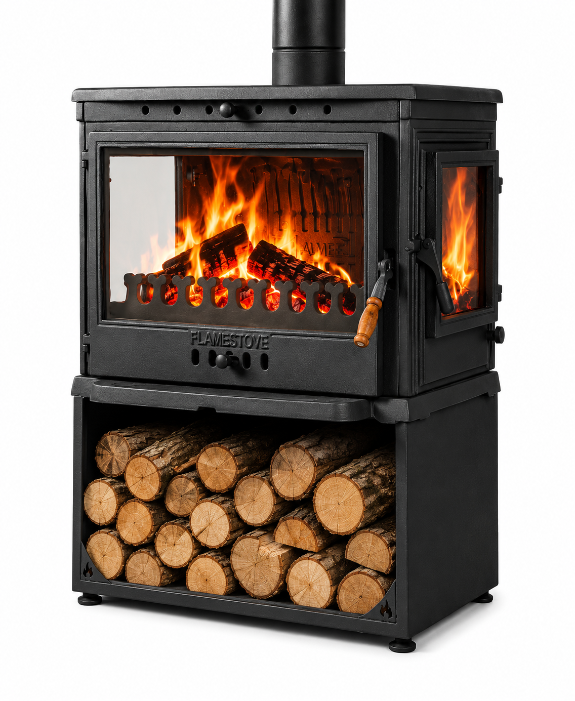 FRS-042YKST Fire Stove Retro Lux YK Stil Döküm Soba, Yan Kapaklı, Odunluklu, 3 Camlı, 10 kW