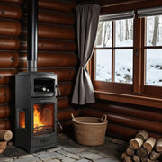 FRS-204YK Fire Stove Lodi Lux Fırınlı sıcacık bir rahatlık sunuyor, odunla beslenen şık bir döküm soba.