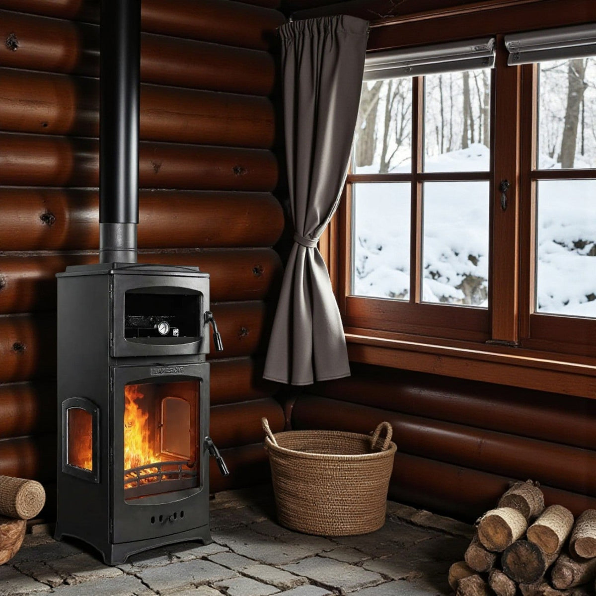 FRS-204YK Fire Stove Lodi Lux Fırınlı sıcacık bir rahatlık sunuyor, odunla beslenen şık bir döküm soba.