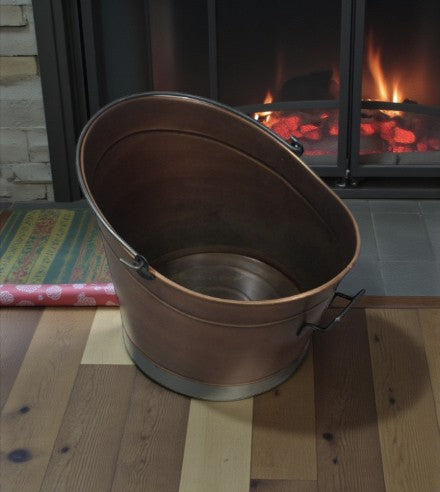 Bakır Renkli Oval Odun Kovası FRS-226, çift kulplu, dayanıklı sac odunluk, iç mekan ve dış mekan kullanımı için ideal.