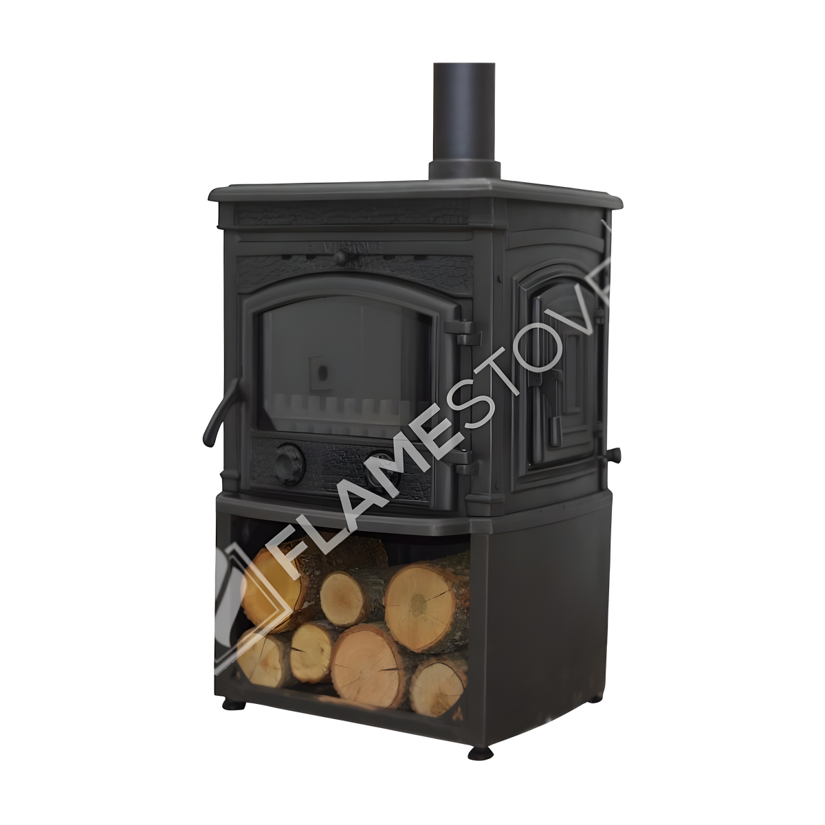 FRS-016YKST Fire Stove Sirius Star Yüksek Verimli Döküm Soba Yan Kapaklı Odunluklu, Schott-Robax Camlı, Odun Kömür