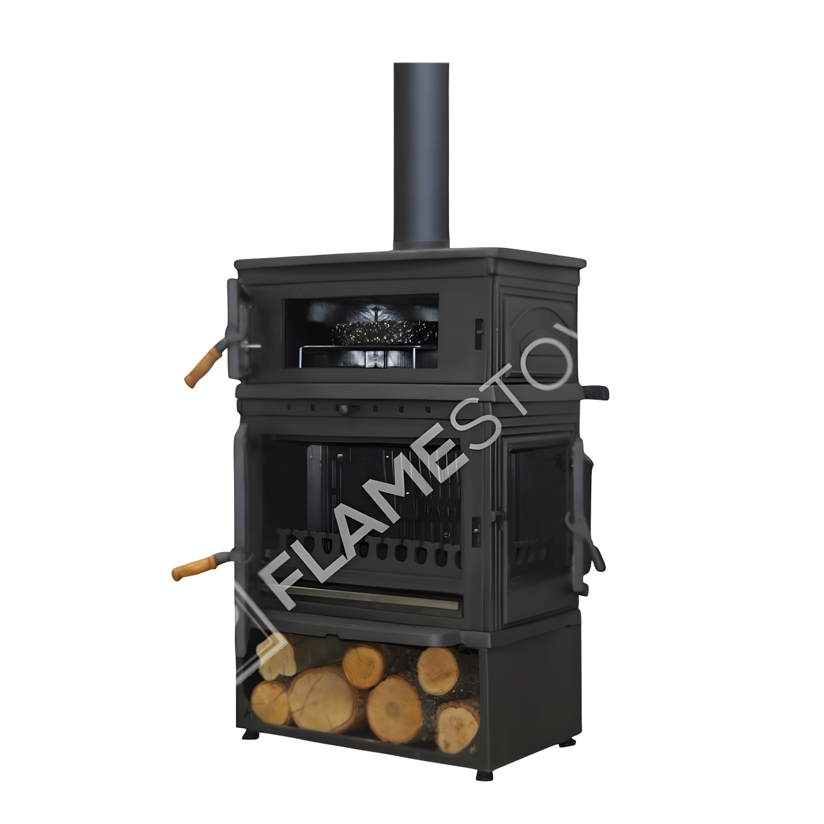 FRS-044YKST Fire Stove Retro Dik Fırınlı Odun Sobası, Yan Kapaklı, Çift Yanmalı, Schott Robax Camlı, 13 kW