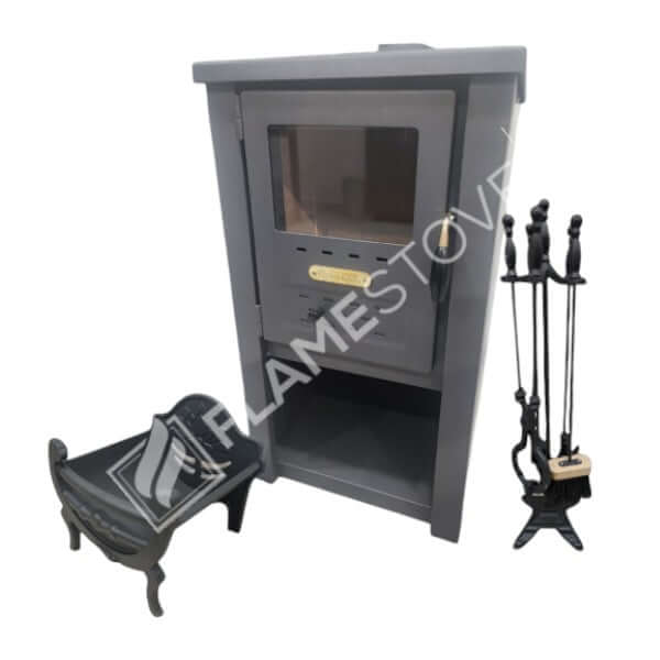 S2-SET Fire Stove Çelik Soba Seti: Ateş Tuğlalı, Odunluklu, Alüminyum Maşa Takımı
